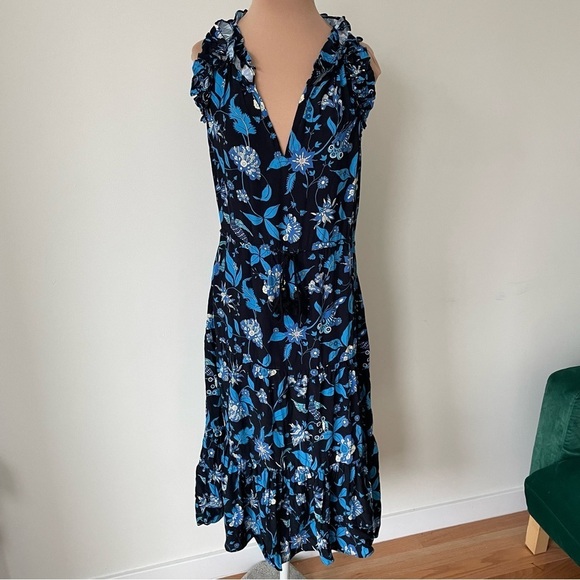 Figue Gabriella Floral-Print Paradise Batik Blue Viscose Tiered Dress NWT Size S - Picture 4 of 12